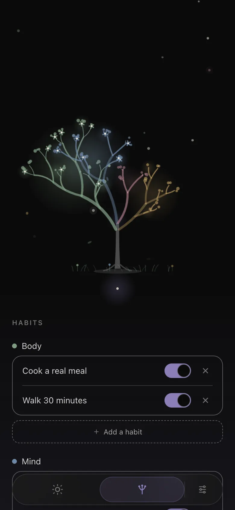 The Life tab: a small tree blooming in four colors — Body, Mind, Love, Purpose — and the habits below it, grouped by area