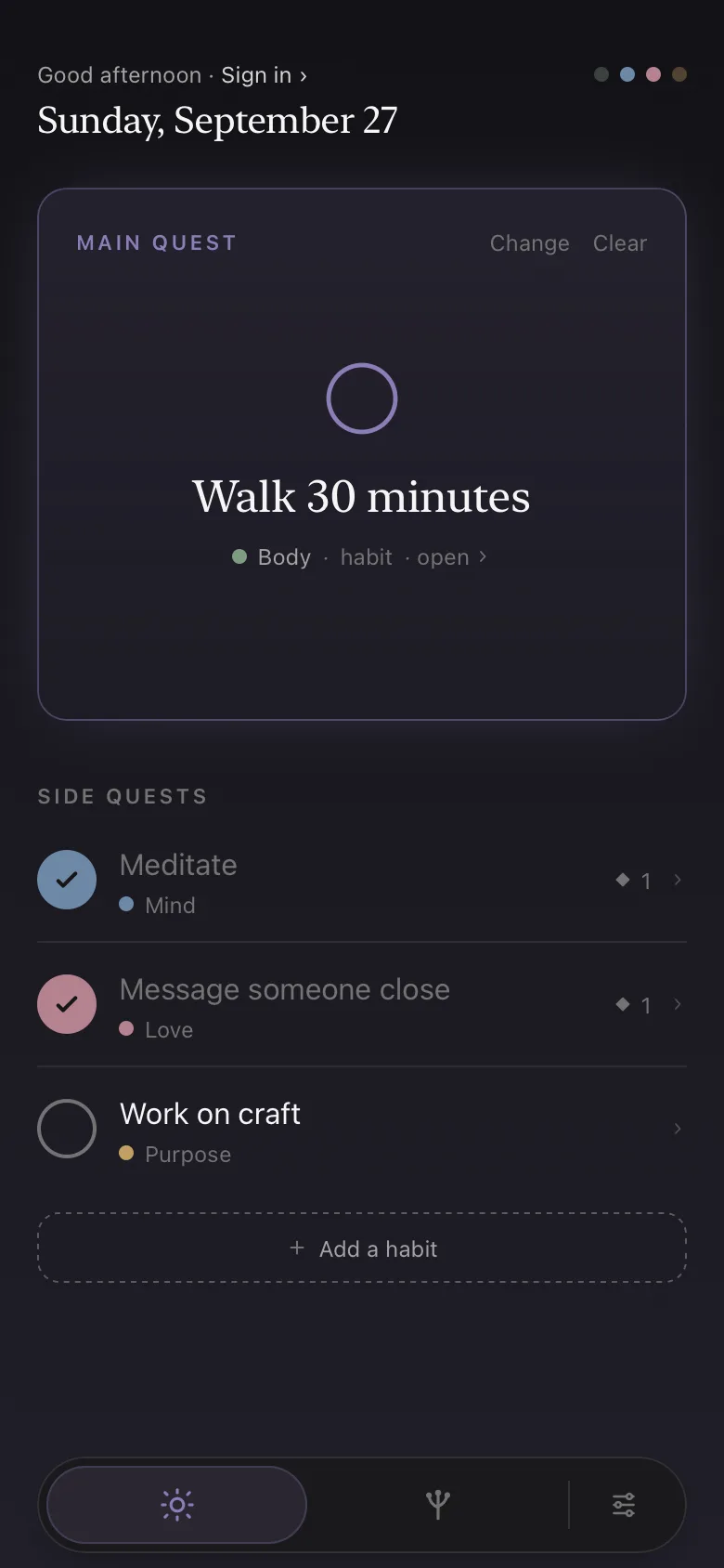 The Today screen: the date, the day's main quest, and three habits, two checked off in their area colors